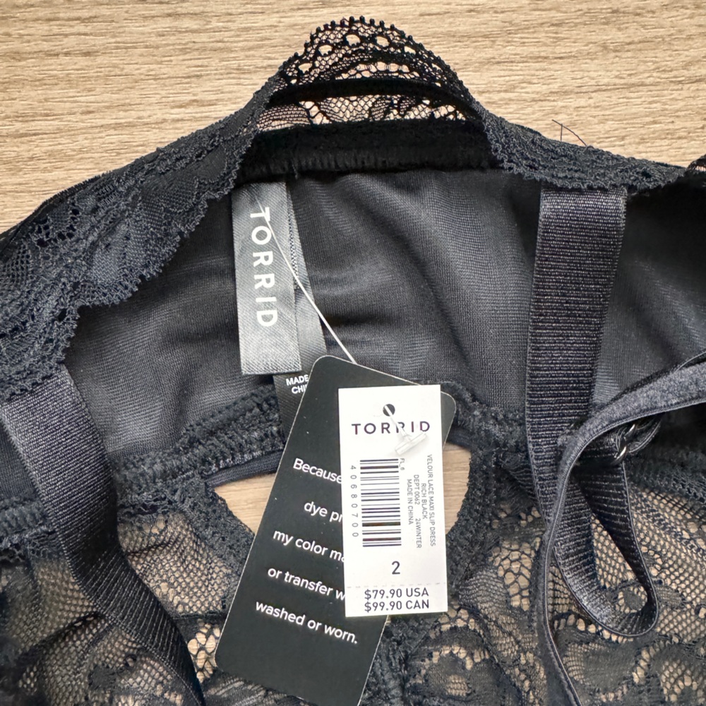 Torrid Black Lace-Trim Velvet Slip Dress with cage neckline size 2 NWT - Picture 6 of 7
